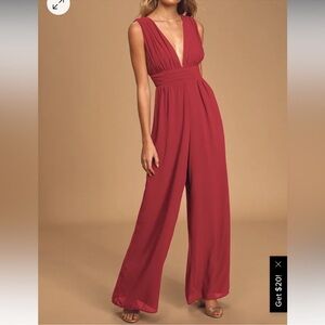 Lulu's Red Sleeveless Jumpsuit with Plunging V-Neckline